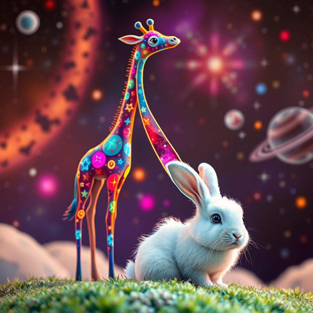 A whimsical scene featuring a cute rabbit and a tall, colorful space giraffe