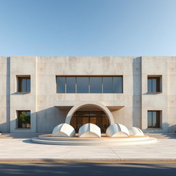 A beautifully redesigned facade of a single-story university building with a height of 6 meters, inspired by modern Iranian architecture
