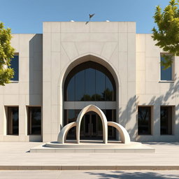 A beautifully redesigned facade of a single-story university building with a height of 6 meters, inspired by modern Iranian architecture