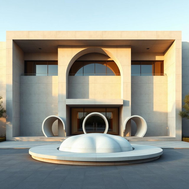 A beautifully redesigned facade of a single-story university building with a height of 6 meters, inspired by modern Iranian architecture