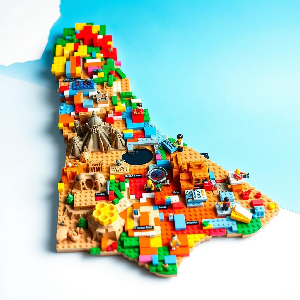 A detailed map of Jordan intricately constructed from colorful lego bricks, showcasing the geography and landmarks such as the Red Sea, the Dead Sea, and Petra