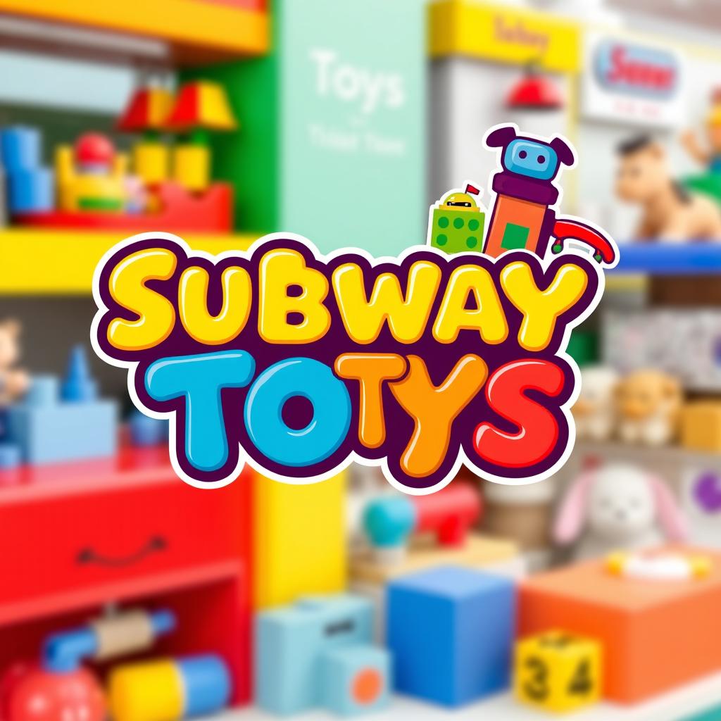 A vibrant and playful logo for a toy store named 'Subway Toys', featuring colorful designs and fun toy elements such as building blocks, stuffed animals, and action figures