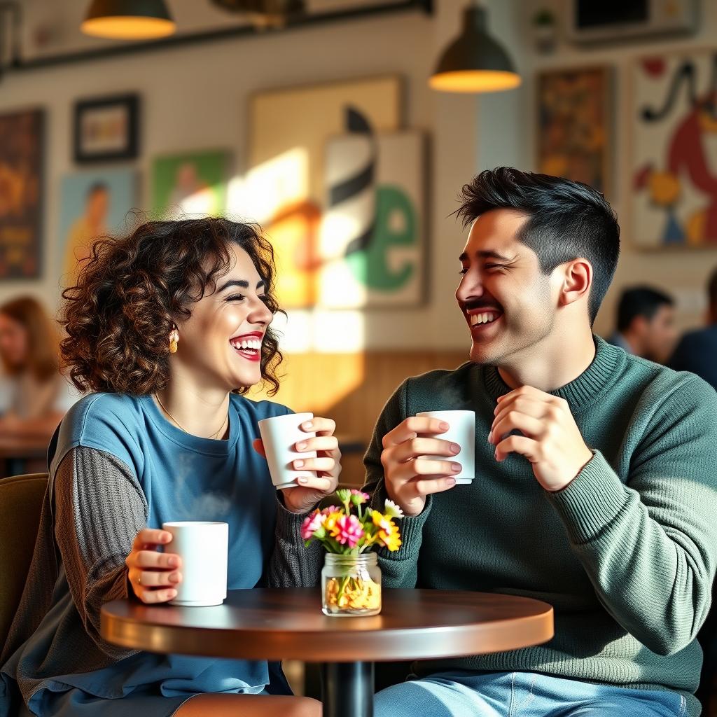 A cheerful couple laughing together while sipping coffee at a cozy café, surrounded by the warm atmosphere of soft sunlight filtering through the window, their faces are animated