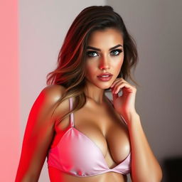 A beautiful 25-year-old woman dressed in a sexy outfit that emphasizes her deep cleavage