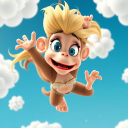 A sexy blonde 3D toon monkey woman with bright blue eyes and striking red lips is depicted falling from the sky
