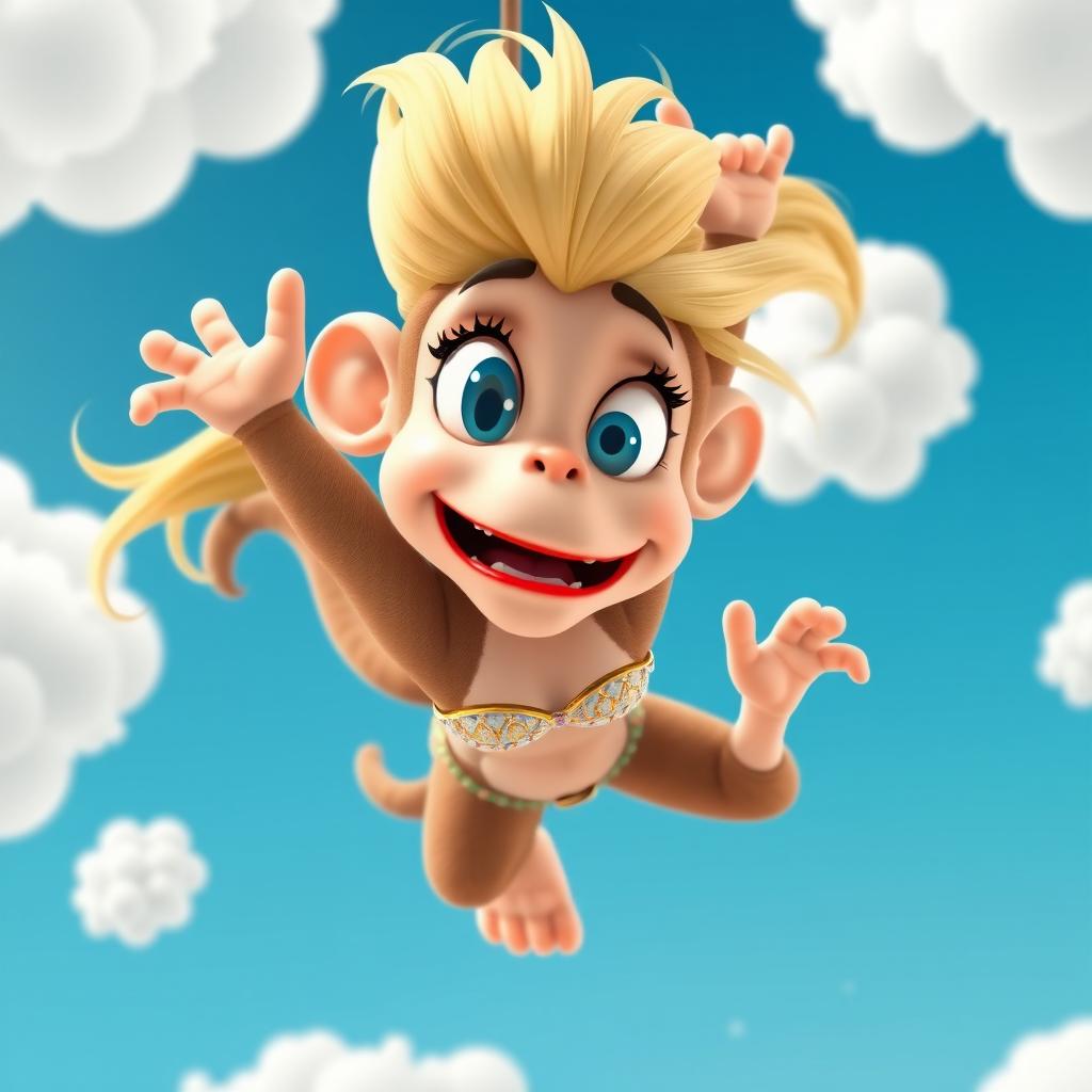 A sexy blonde 3D toon monkey woman with bright blue eyes and striking red lips is depicted falling from the sky