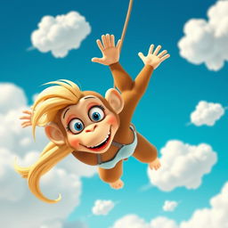 A sexy blonde 3D toon monkey woman with bright blue eyes and striking red lips is depicted falling from the sky