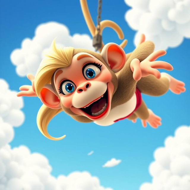 A sexy blonde 3D toon monkey woman with bright blue eyes and striking red lips is depicted falling from the sky