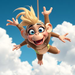A sexy blonde 3D toon monkey woman with bright blue eyes and striking red lips is depicted falling from the sky