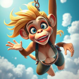 A 3D cartoon-style monkey woman with sexy features, featuring flowing blonde hair, vibrant blue eyes, and striking red lips