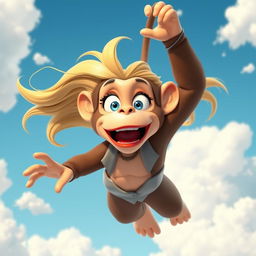 A 3D cartoon-style monkey woman with sexy features, featuring flowing blonde hair, vibrant blue eyes, and striking red lips