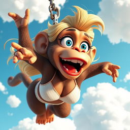A 3D cartoon-style monkey woman with sexy features, featuring flowing blonde hair, vibrant blue eyes, and striking red lips
