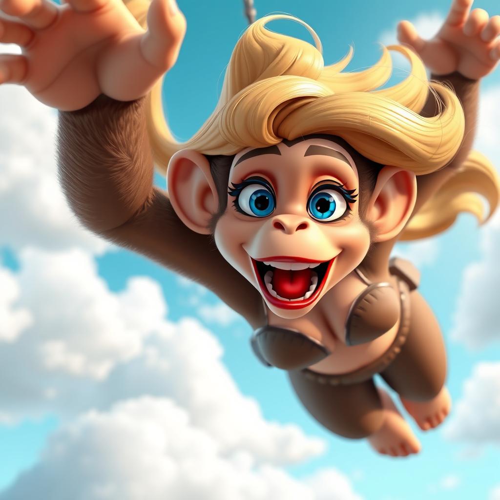 A 3D cartoon-style monkey woman with sexy features, featuring flowing blonde hair, vibrant blue eyes, and striking red lips