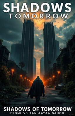 A dystopian landscape representing the themes of the book titled 'SHADOWS OF TOMORROW' by Trisha Tanaya Sahoo
