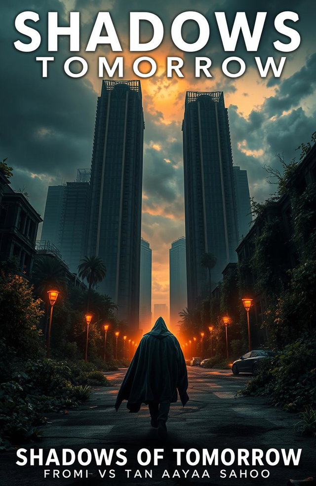 A dystopian landscape representing the themes of the book titled 'SHADOWS OF TOMORROW' by Trisha Tanaya Sahoo