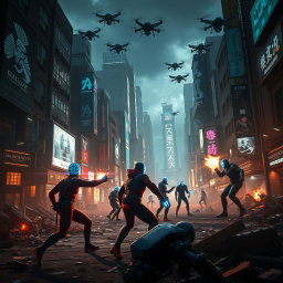 A dramatic dystopian scene reflecting the themes of 'SHADOWS OF TOMORROW'