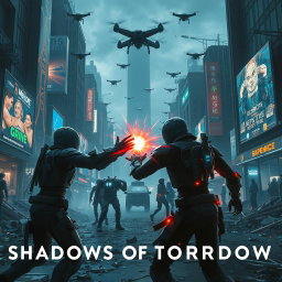 A dramatic dystopian scene reflecting the themes of 'SHADOWS OF TOMORROW'