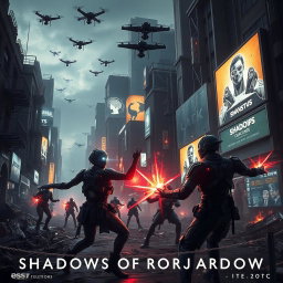 A dramatic dystopian scene reflecting the themes of 'SHADOWS OF TOMORROW'