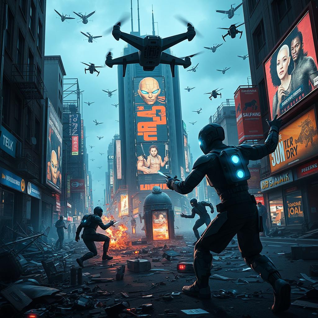 A dramatic dystopian scene reflecting the themes of 'SHADOWS OF TOMORROW'