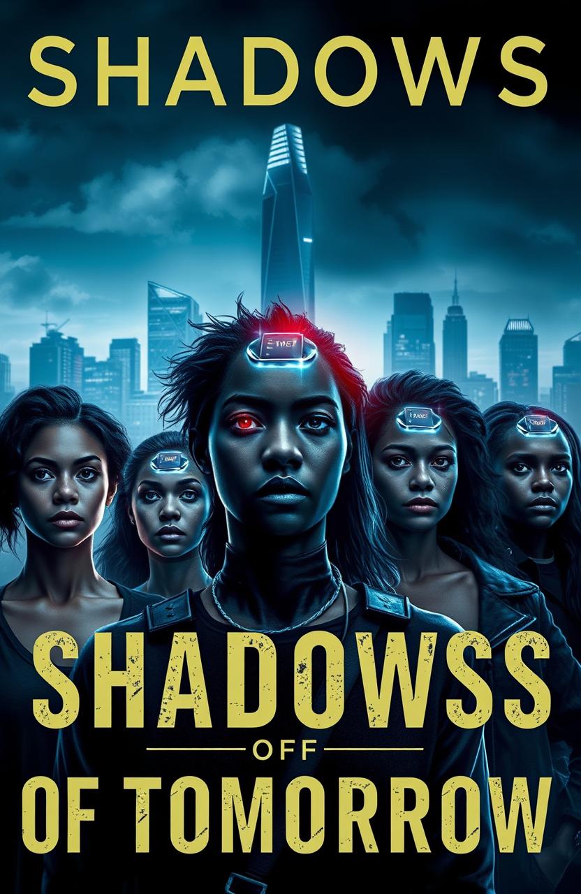 In a dystopian future world depicted on the cover of the book 'SHADOWS OF TOMORROW', a sleek, high-tech city skyline looms in the background, shrouded in shadows and an ominous atmosphere