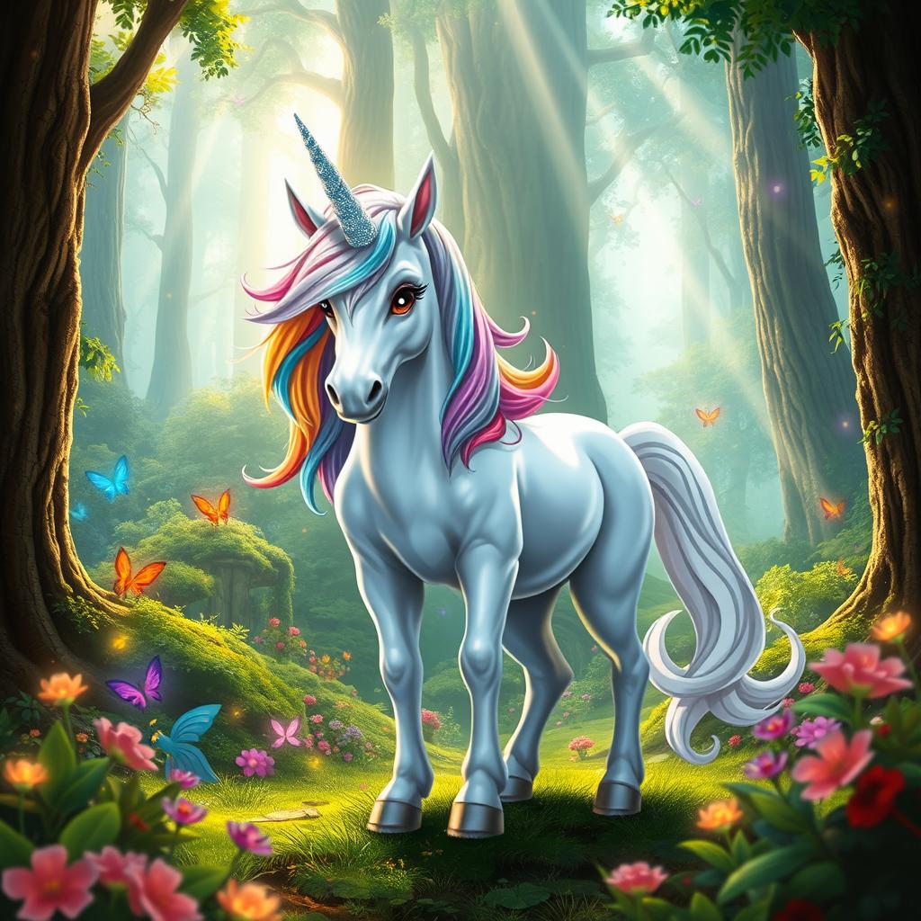 A mystical unicorn standing majestically in a vibrant and enchanting fantasy forest, surrounded by lush greenery and magical flora