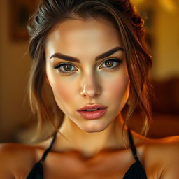 A gorgeous 25-year-old woman with a provocative expression, facing the camera directly in a sensual pose