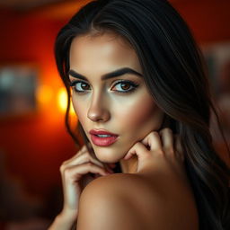 A gorgeous 25-year-old woman with a provocative expression, facing the camera directly in a sensual pose