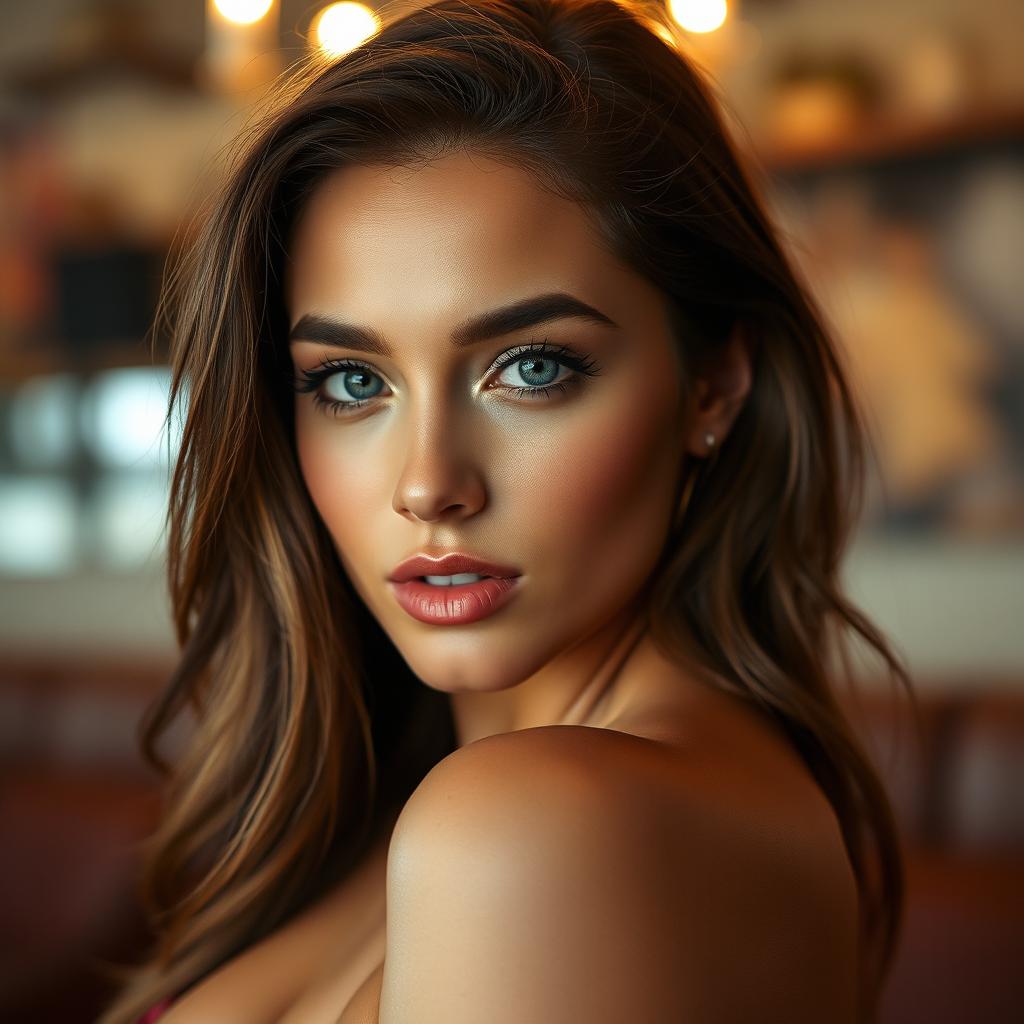 A gorgeous 25-year-old woman with a provocative expression, facing the camera directly in a sensual pose