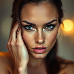 A beautiful 25-year-old woman with a provocative expression, staring directly at the camera in a sensual pose