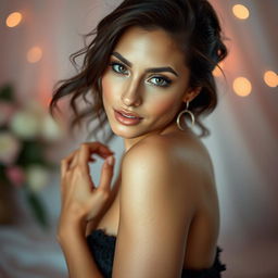 A stunningly attractive woman with an irresistible pose, captured in an artistic manner, elegantly showcasing her natural beauty