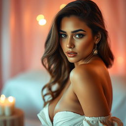 A stunningly attractive woman with an irresistible pose, captured in an artistic manner, elegantly showcasing her natural beauty
