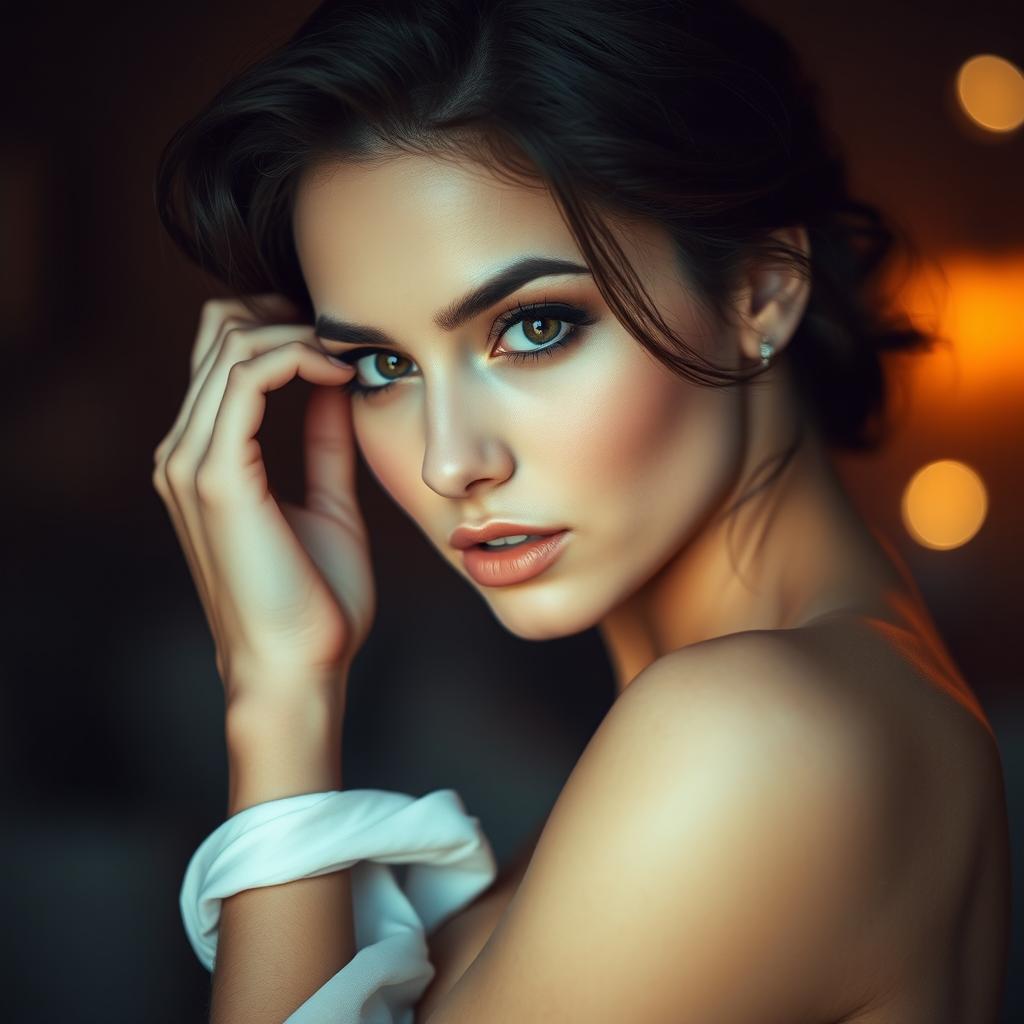 A beautiful 25-year-old woman with a provocative expression, looking directly at the camera in a sensual pose