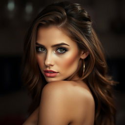 A beautiful 25-year-old woman with a provocative expression, looking directly at the camera in a sensual pose