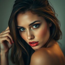 A beautiful 25-year-old woman with a provocative expression, looking directly at the camera in a sensual pose