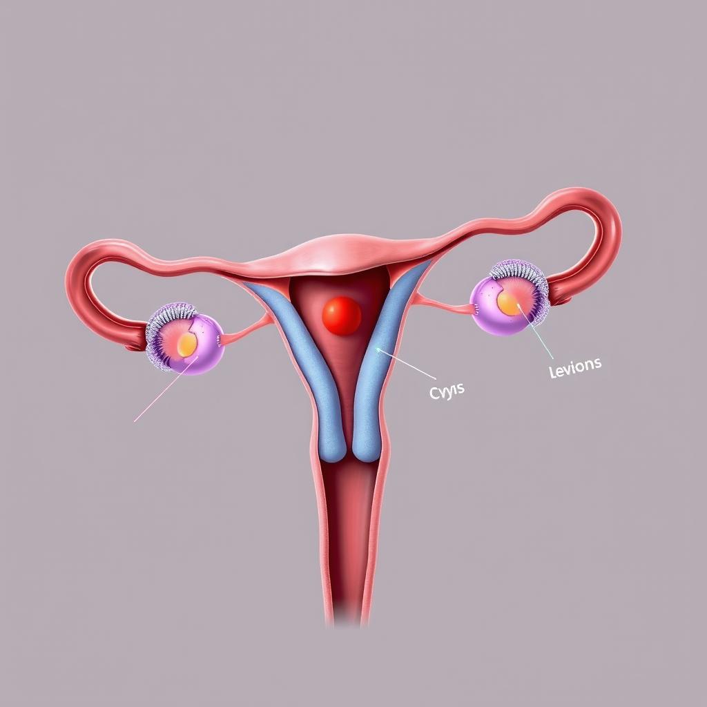 A highly detailed medical illustration of endometriosis, showcasing the anatomy of the female reproductive system with a focus on the uterus, ovaries, and surrounding tissue