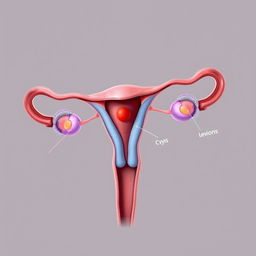 A highly detailed medical illustration of endometriosis, showcasing the anatomy of the female reproductive system with a focus on the uterus, ovaries, and surrounding tissue