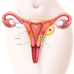 A highly detailed medical illustration of endometriosis, showcasing the anatomy of the female reproductive system with a focus on the uterus, ovaries, and surrounding tissue