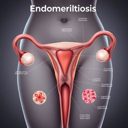 A highly detailed medical illustration of endometriosis, showcasing the anatomy of the female reproductive system with a focus on the uterus, ovaries, and surrounding tissue