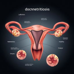 A highly detailed medical illustration of endometriosis, showcasing the anatomy of the female reproductive system with a focus on the uterus, ovaries, and surrounding tissue