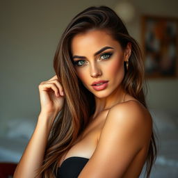 A stunning 25-year-old woman with an alluring and flirtatious expression, facing the camera directly while in a sensual pose