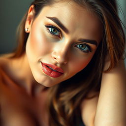 A stunning 25-year-old woman with an alluring and flirtatious expression, facing the camera directly while in a sensual pose
