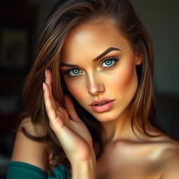 A stunning 25-year-old woman with an alluring and flirtatious expression, facing the camera directly while in a sensual pose