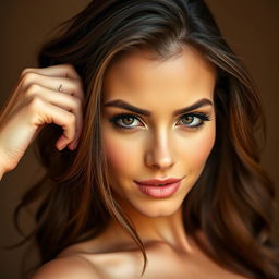 A stunning 25-year-old woman with a flirtatious and alluring expression, facing the camera directly in a sensual pose