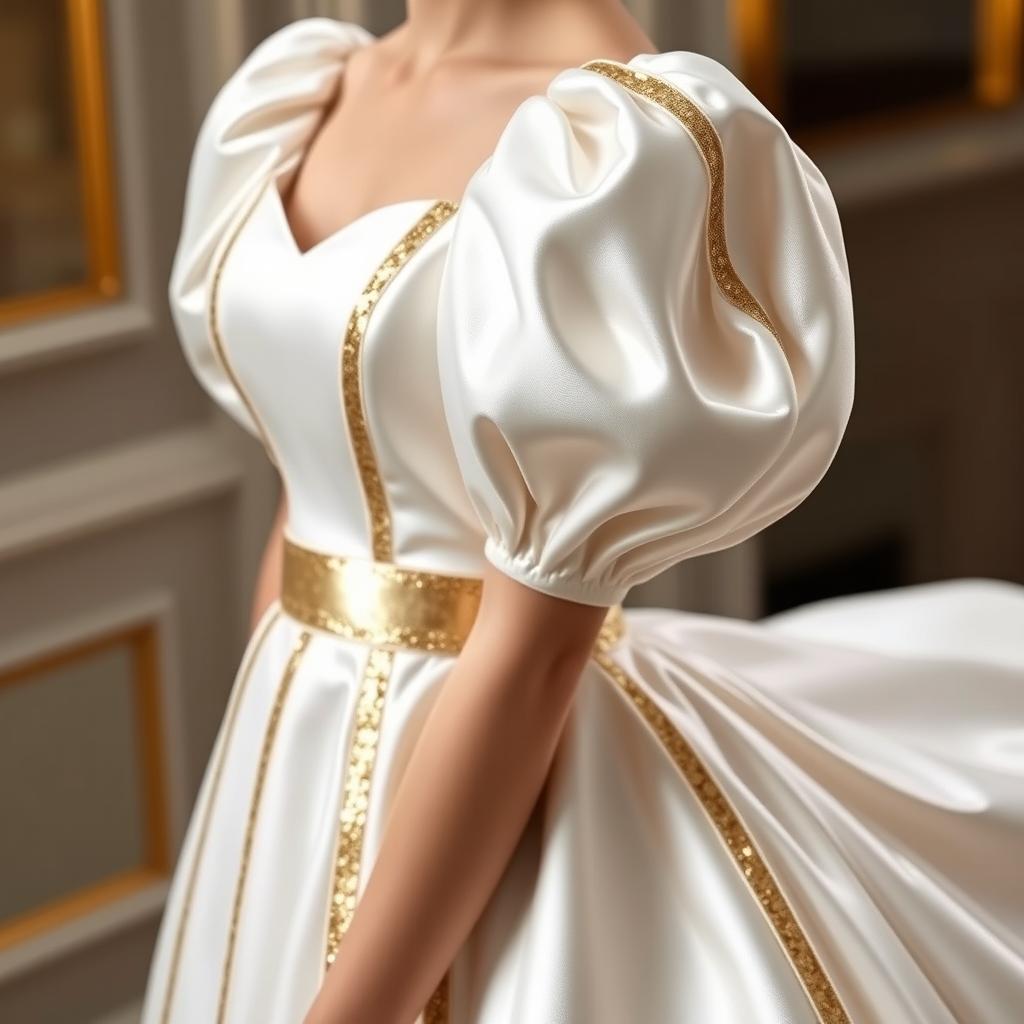 A simple, royal wedding dress with a puffed silhouette, featuring golden and silver stripes that shimmer beautifully