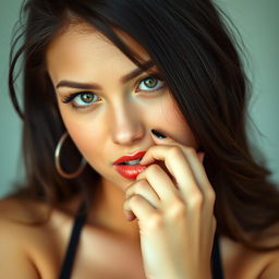 A beautiful 25-year-old woman with a flirtatious and enticing expression, facing the camera directly in a sensual pose