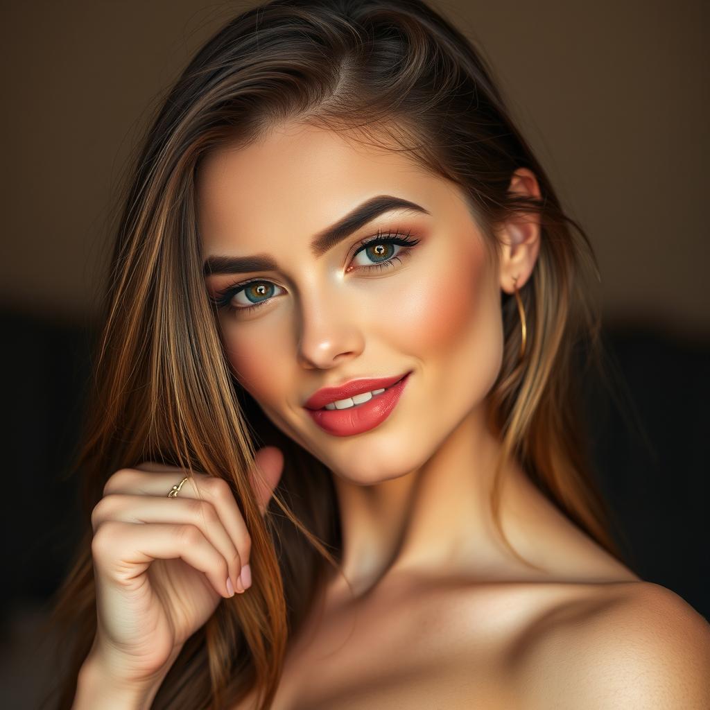 A beautiful 25-year-old woman with a flirtatious and enticing expression, facing the camera directly in a sensual pose