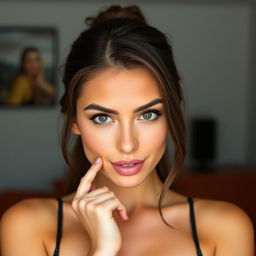 A beautiful 25-year-old woman with a flirtatious and enticing expression, facing the camera directly in a seductive pose