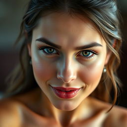 A beautiful 25-year-old woman with a flirtatious and enticing expression, facing the camera directly in a seductive pose