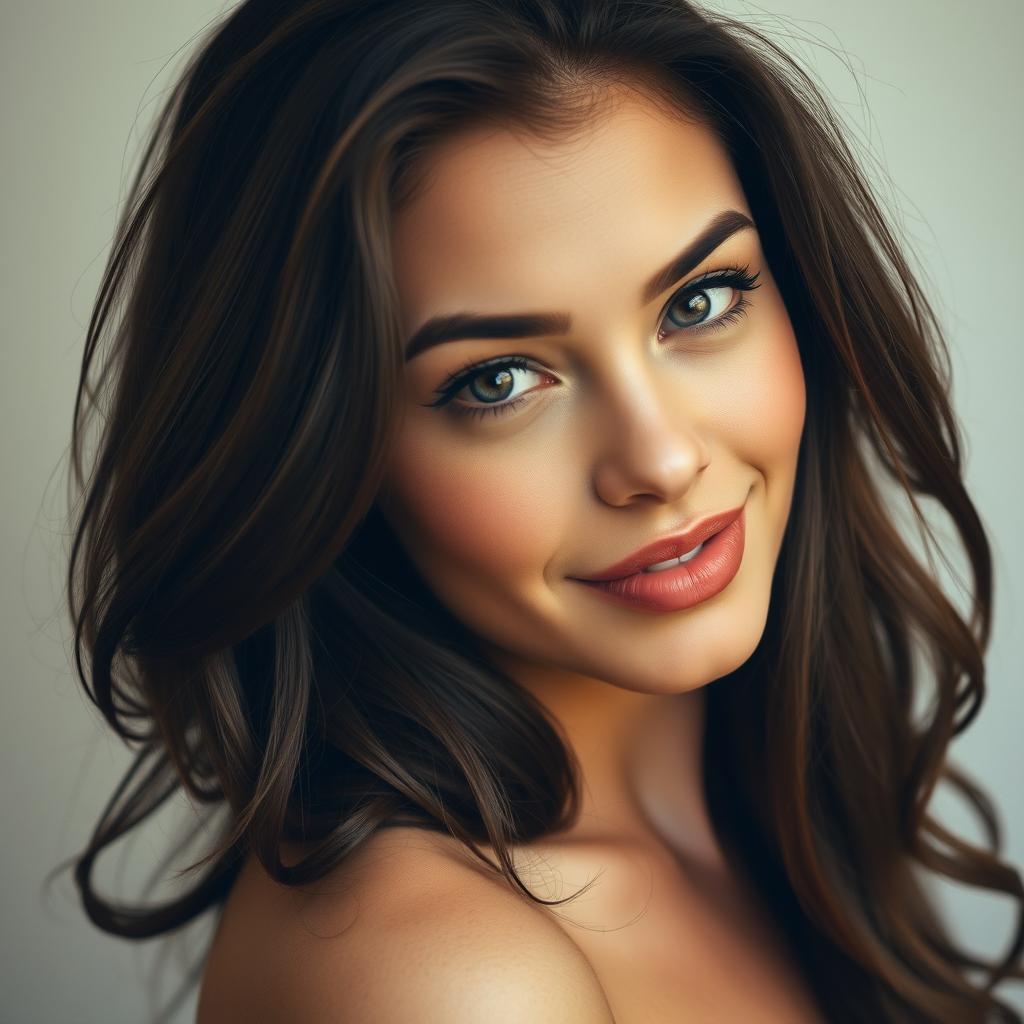 A beautiful 25-year-old woman with a flirtatious and enticing expression, facing the camera directly in a seductive pose