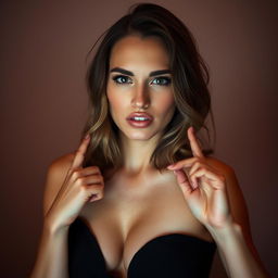 A stunning 25-year-old woman with an enticing and flirtatious expression, facing the camera directly in a sensual pose